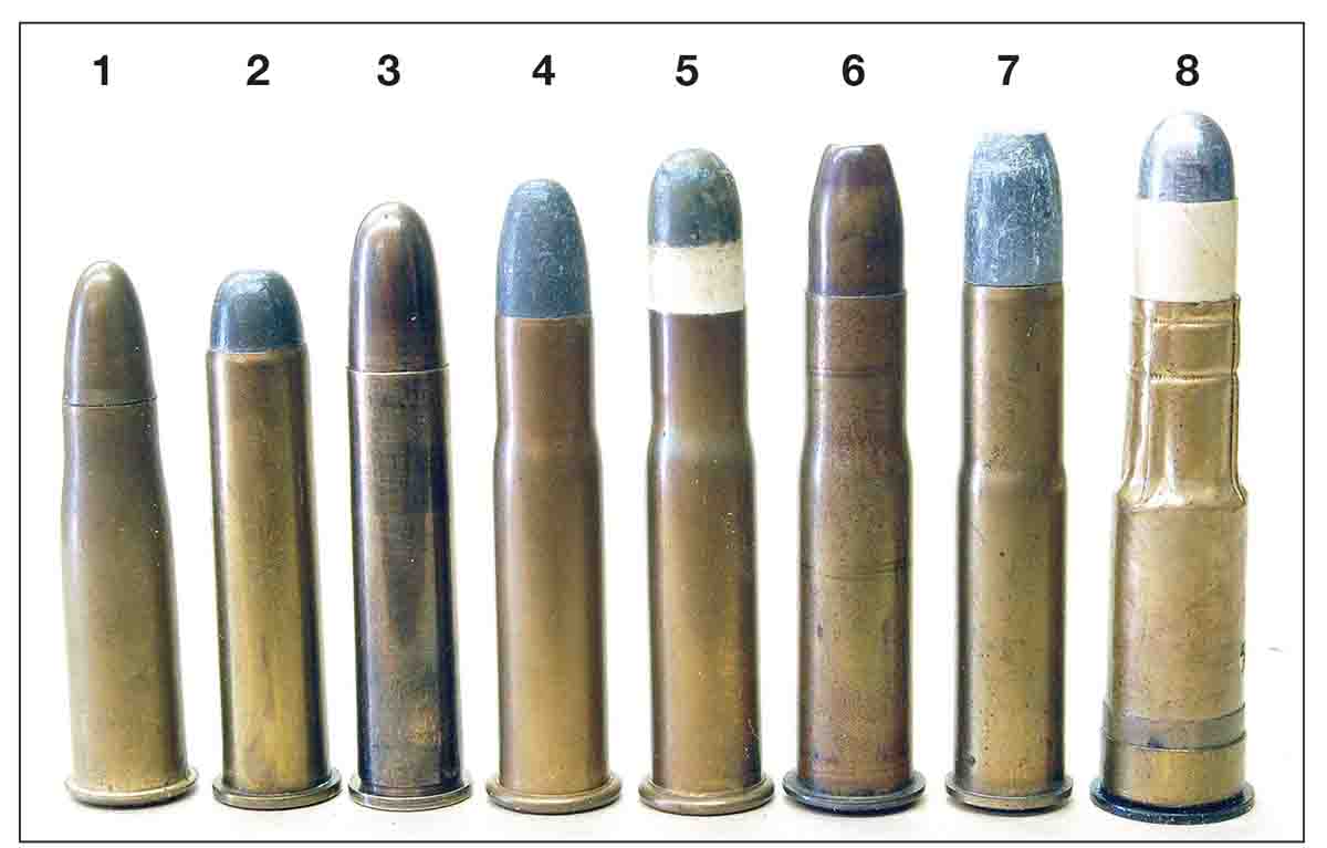 Military rounds of the same period in history include: (1) 10.4mm Italian Vetterli, (2) .45-70 with 405-grain bullet, (3) 11.35x51R Danish, (4) .43 Spanish, (5) .43 Russian Berdan, (6) 11mm French Gras, (7) .43 Mauser and (8) .577/450 Martini-Henry.